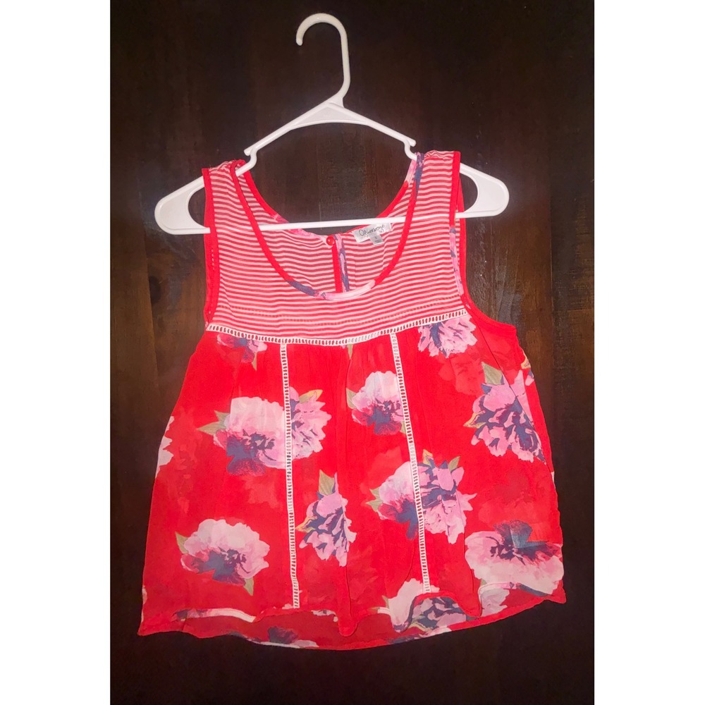Olsenboye Red Floral Striped Tank Top Sleeveless Lace Trim Blouse Small